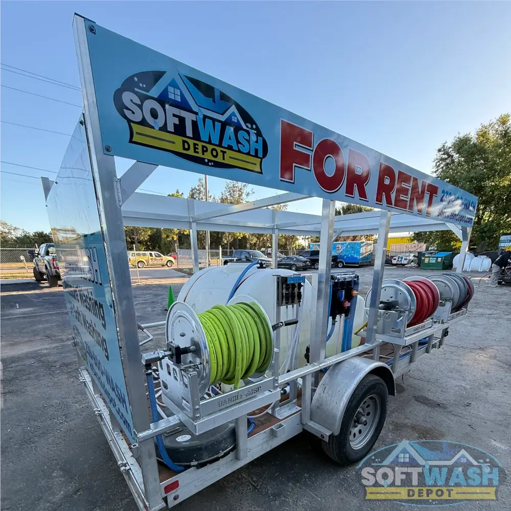 6' x 12' Aluminum Trailer Rental with 8 GPM Gas Soft Wash System - Fully equipped mobile pressure washing trailer with water tank, hose reels, and Honda engine - Available for rent from Soft Wash Depot.
