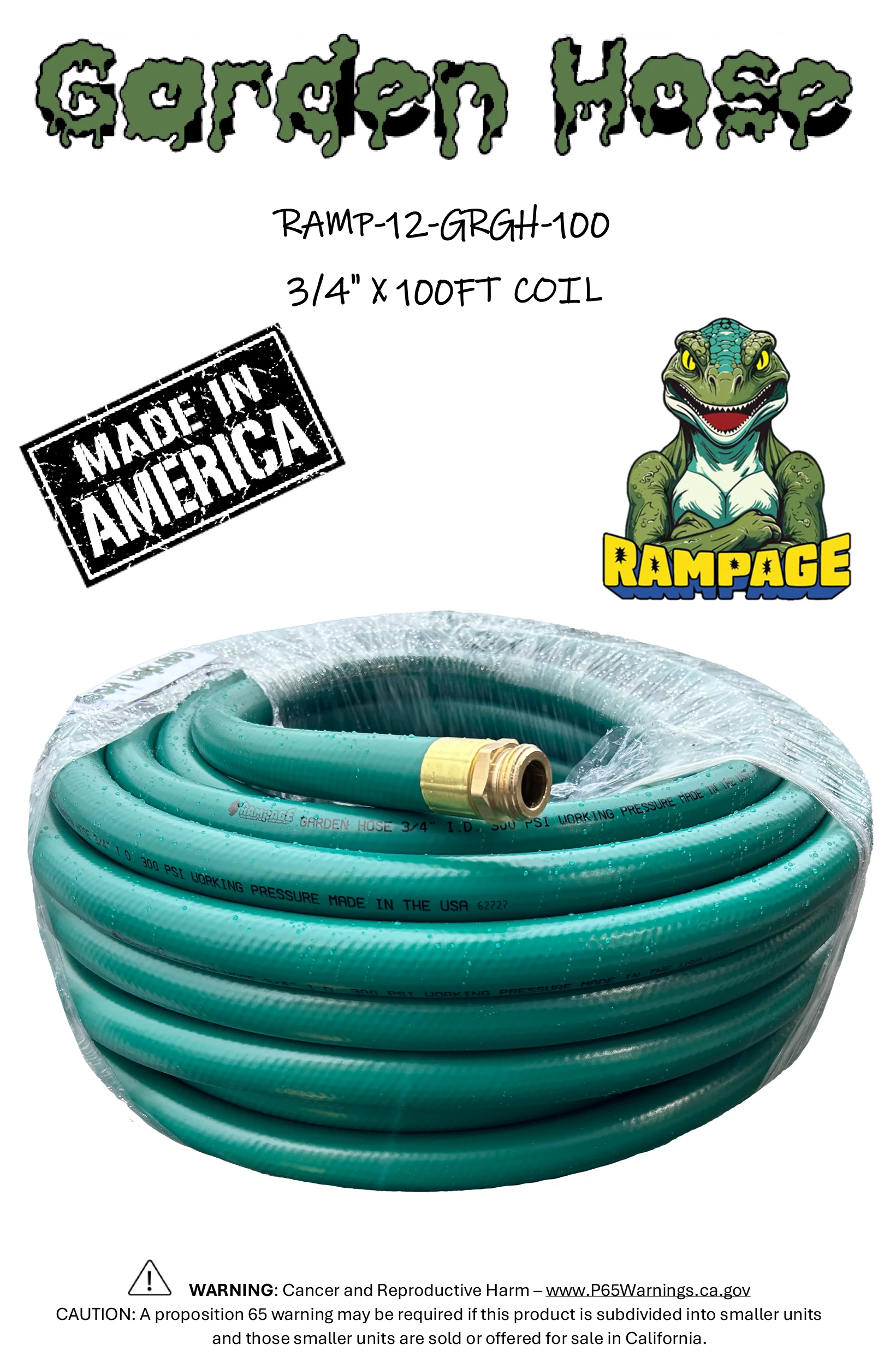 Rampage 3/4" Green Garden Hose w/ Brass Ends