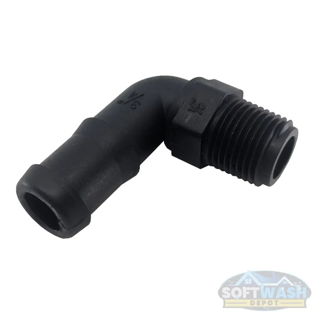 Banjo 1/2 inch MNPT x 3/4 inch hose barb 90 degree Schedule 80 polypropylene elbow fitting for pressure washing and soft wash systems. - Soft Wash Depot