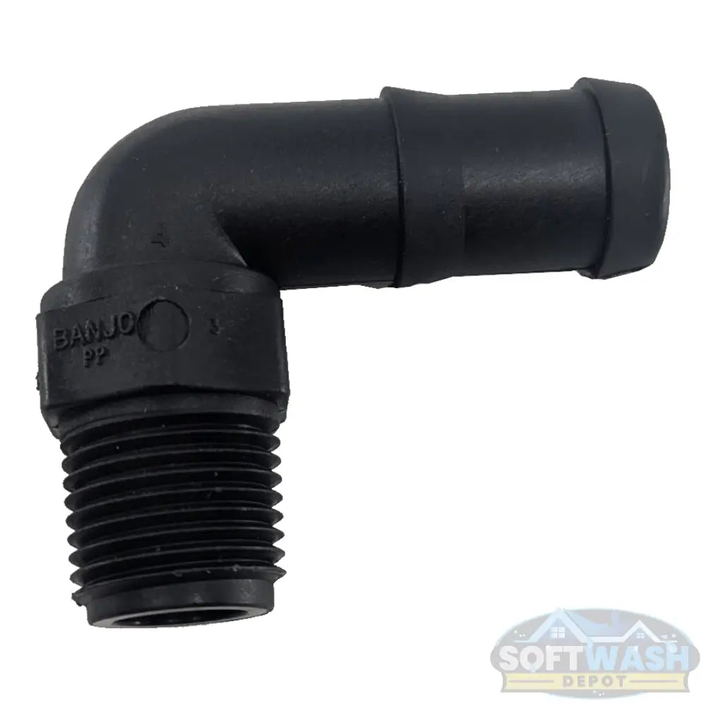 Banjo 1/2 inch MNPT x 3/4 inch hose barb 90 degree Schedule 80 polypropylene elbow fitting for pressure washing and soft wash systems. - Soft Wash Depot