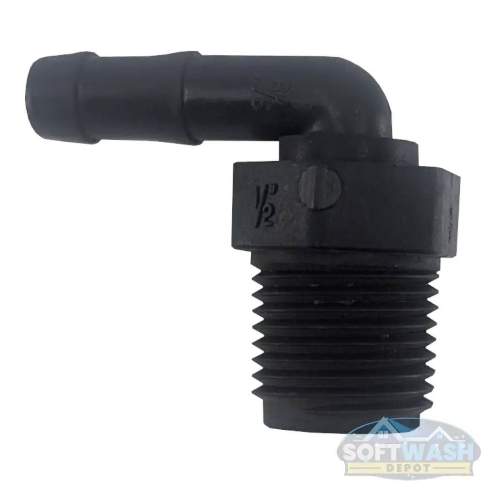 Banjo 1/2 inch x 3/8 inch Schedule 80 polypropylene 90 degree threaded hose barb elbow fitting for pressure washing and soft washing systems. - Soft Wash Depot