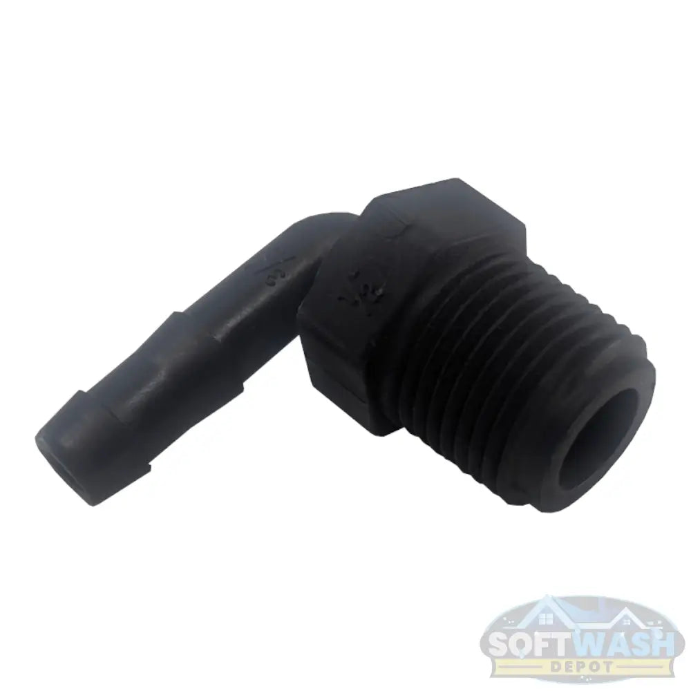 Banjo 1/2 inch x 3/8 inch Schedule 80 polypropylene 90 degree threaded hose barb elbow fitting for pressure washing and soft washing systems. - Soft Wash Depot