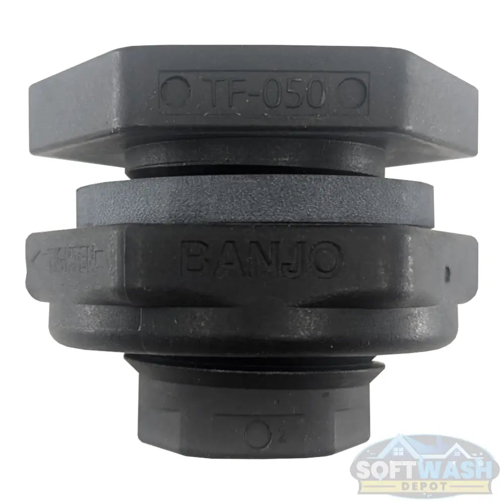 Banjo 1/2″ (TF-050) bulkhead tank fitting with EPDM gasket, heavy-duty chemical-resistant tank connection for poly tanks and fluid transfer systems. - Soft Wash Depot