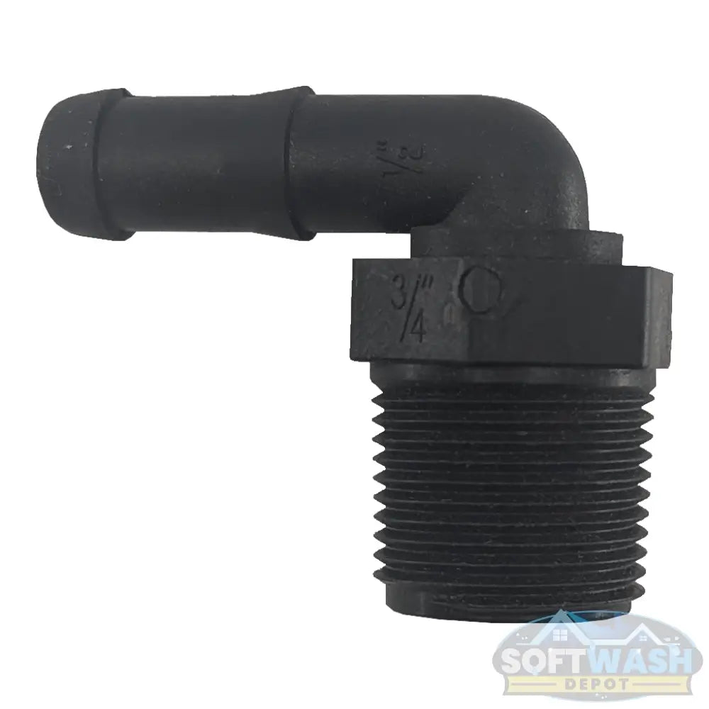 Banjo 3/4" x 1/2" Schedule 80 polypropylene 90-degree hose barb elbow fitting with 3/4" male NPT threads and 1/2" hose barb for soft washing, pressure washing, and chemical transfer systems. - Soft Wash Depot