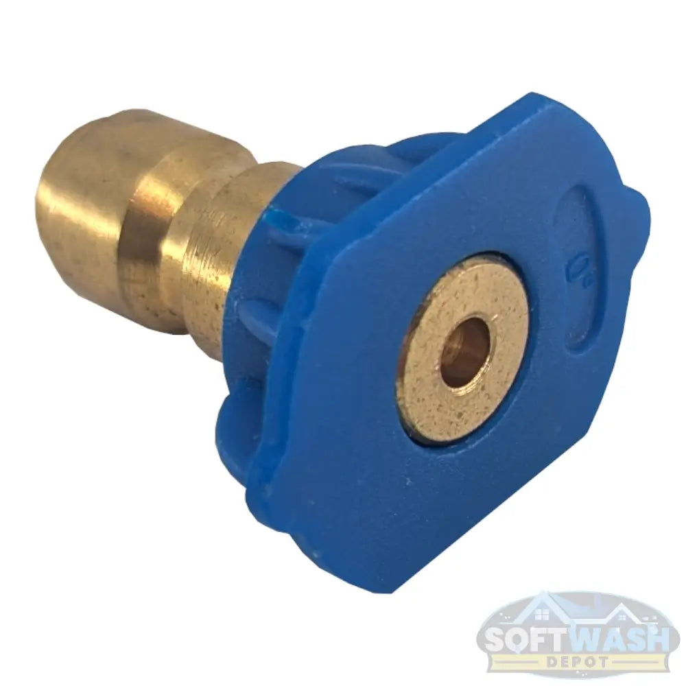 Blue long-range 0-degree quick connect spray tip rated for 40 GPM, brass high-pressure nozzle for precision cleaning and soft wash systems. - Soft Wash Depot