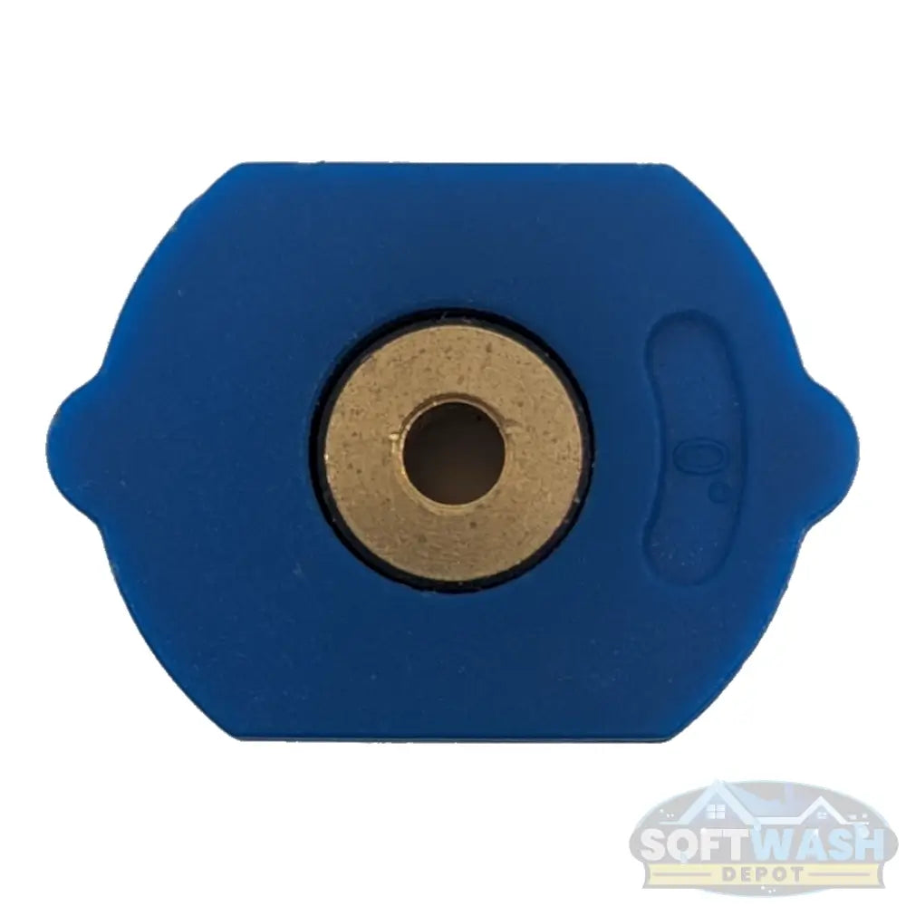 Blue long-range 0-degree quick connect spray tip rated for 40 GPM, brass high-pressure nozzle for precision cleaning and soft wash systems. - Soft Wash Depot