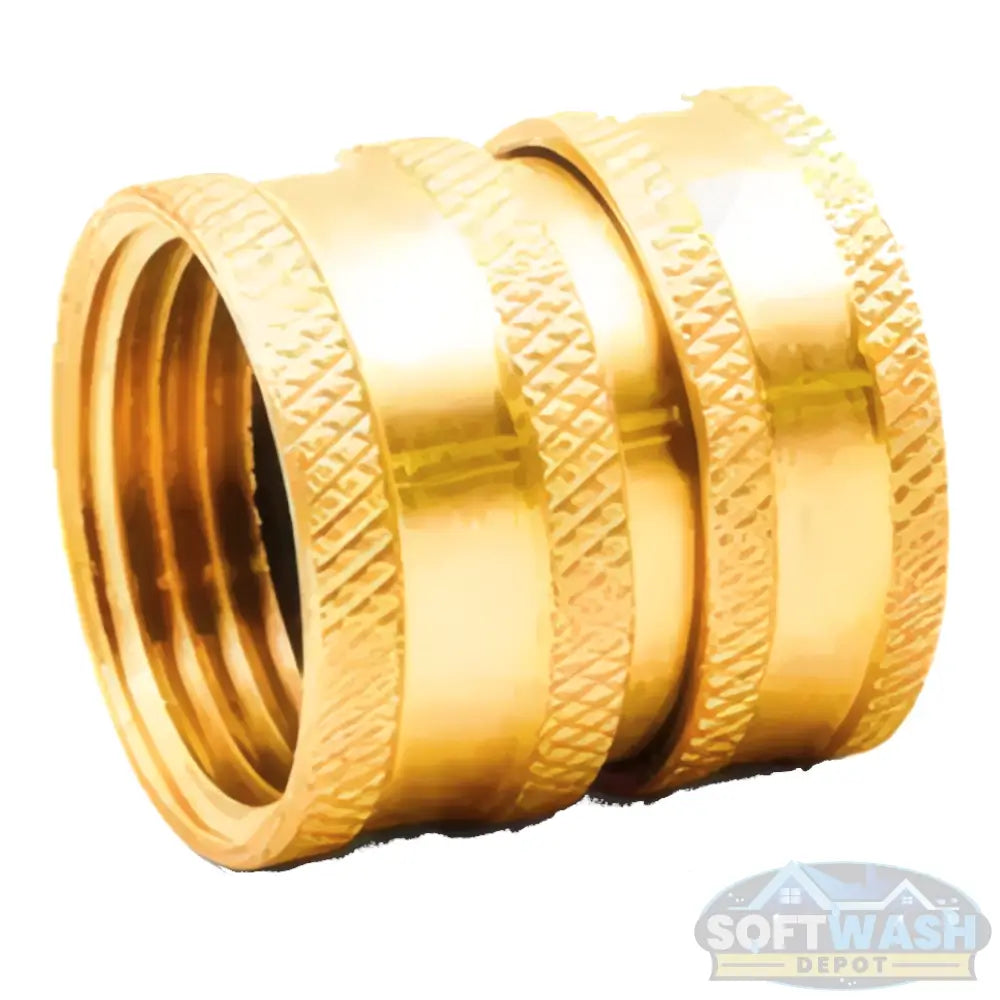 Close-up of a brass garden hose coupler with knurled grip and internal locking ball, designed for secure quick-connect garden hose attachment - Soft Wash Depot.