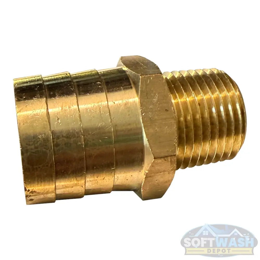 Brass hose barb fitting with 1-inch hose barb and 1/2-inch male pipe thread, part number 32307, for pressure washing and soft wash plumbing. - Soft Wash Depot