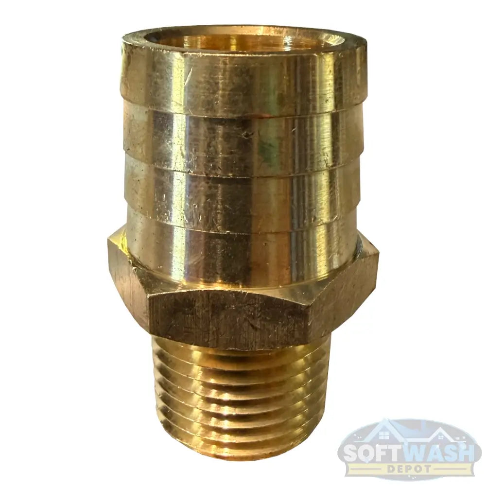 Brass hose barb fitting with 1-inch hose barb and 1/2-inch male pipe thread, part number 32307, for pressure washing and soft wash plumbing. - Soft Wash Depot