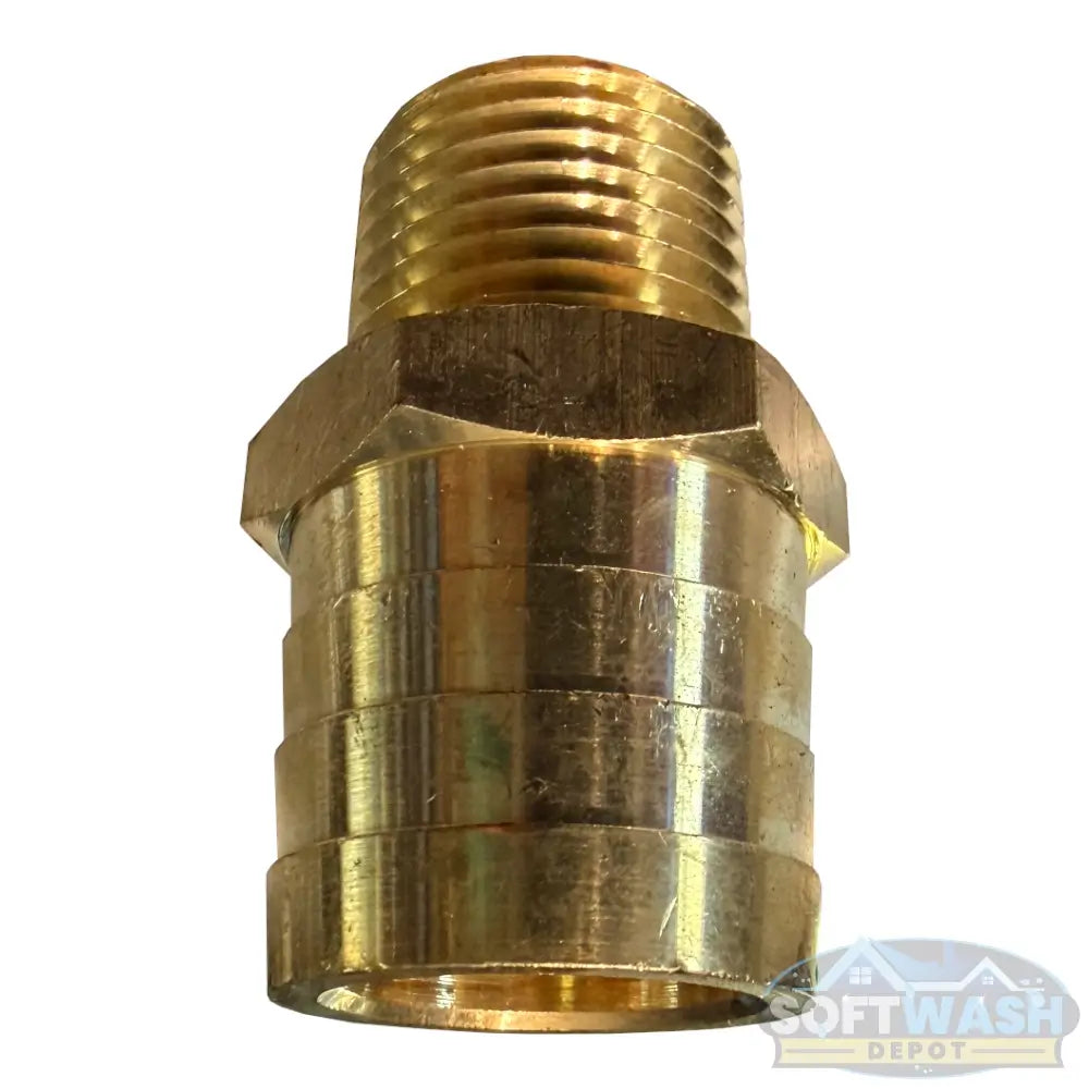 Brass hose barb fitting with 1-inch hose barb and 1/2-inch male pipe thread, part number 32307, for pressure washing and soft wash plumbing. - Soft Wash Depot