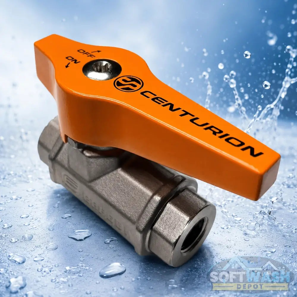 Centurion 3/8 inch high-pressure ball valve with extended EZ Turn handle, rated for 5,000 PSI and built for soft wash and pressure washing systems. - Soft Wash Depot