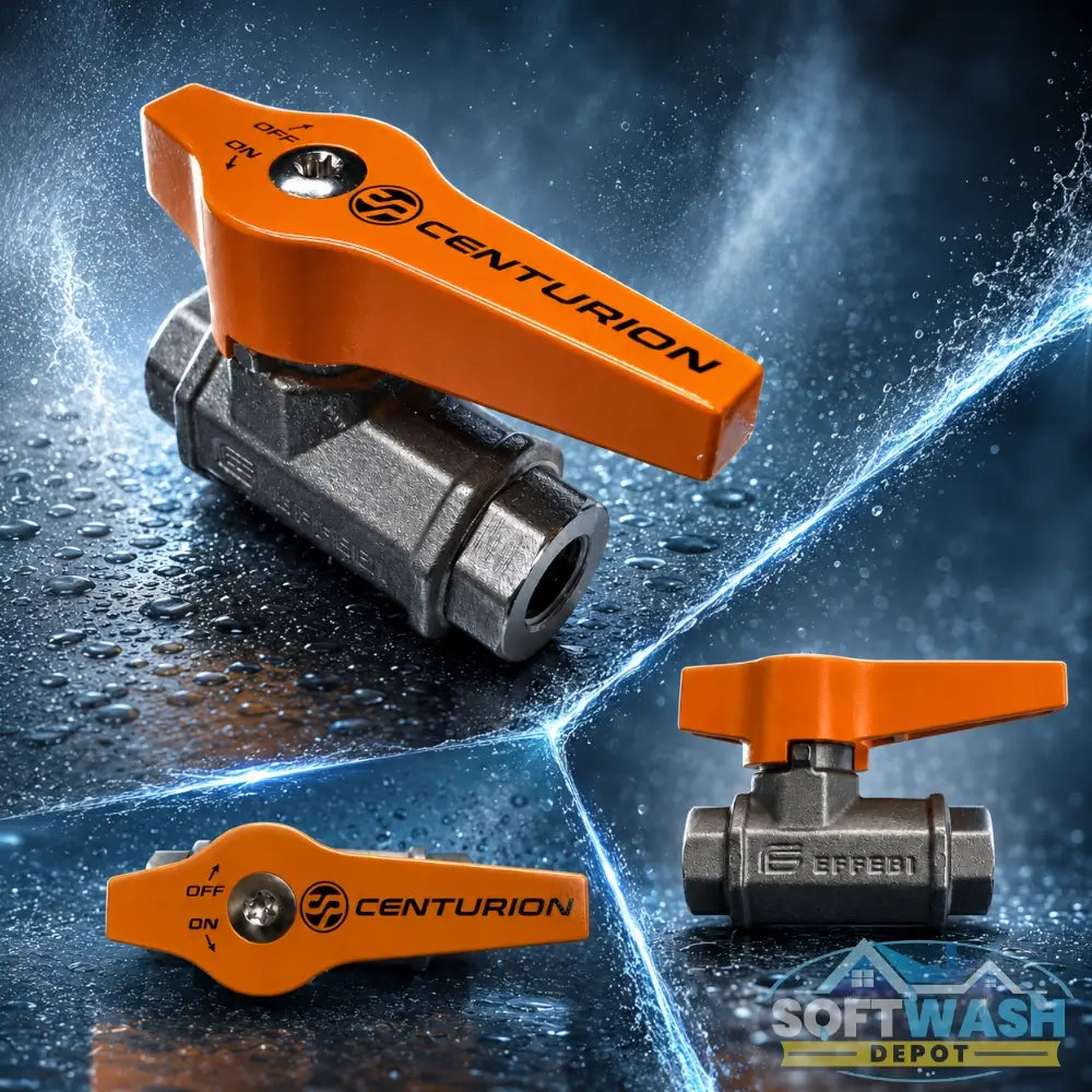 Centurion 3/8 inch high-pressure ball valve with extended EZ Turn handle, rated for 5,000 PSI and built for soft wash and pressure washing systems. - Soft Wash Depot
