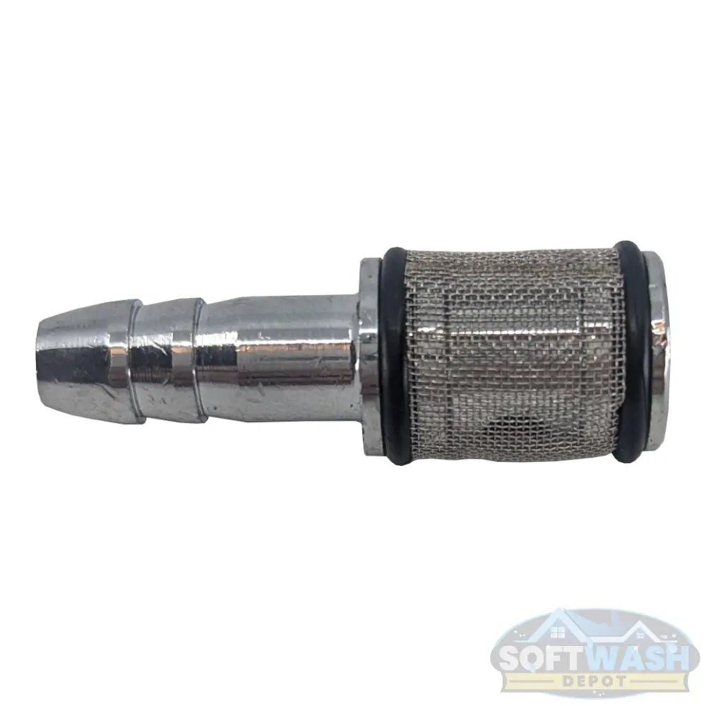 Chrome chemical filter with check valve featuring a stainless steel mesh screen. - Soft Wash Depot