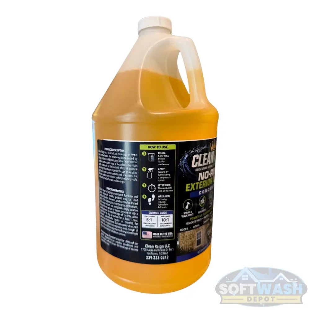 Clean Reign™ Concentrate no-rinse exterior cleaner bottle, designed to remove mold, mildew, algae, and stains with a spray-and-walk-away formula, ideal for roofs, siding, concrete, and other surfaces. 1 Gallon. - Soft Wash Depot