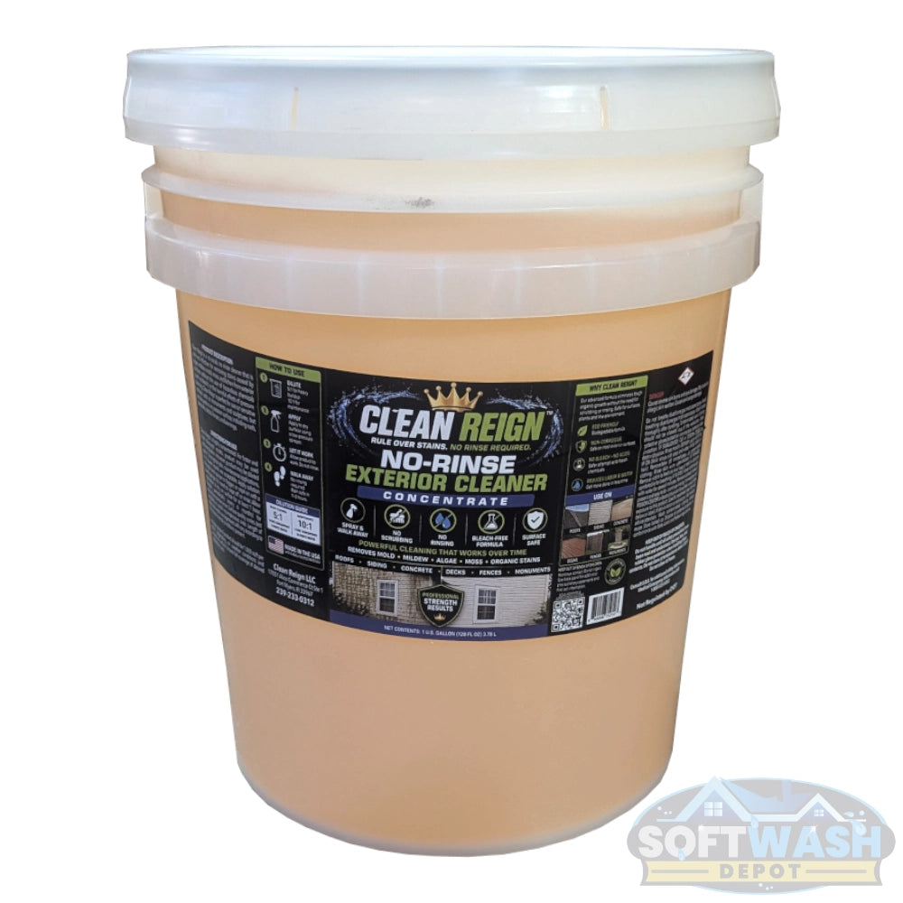 Clean Reign™ Concentrate no-rinse exterior cleaner bottle, designed to remove mold, mildew, algae, and stains with a spray-and-walk-away formula, ideal for roofs, siding, concrete, and other surfaces. 1 Pail (5 Gallons). - Soft Wash Depot