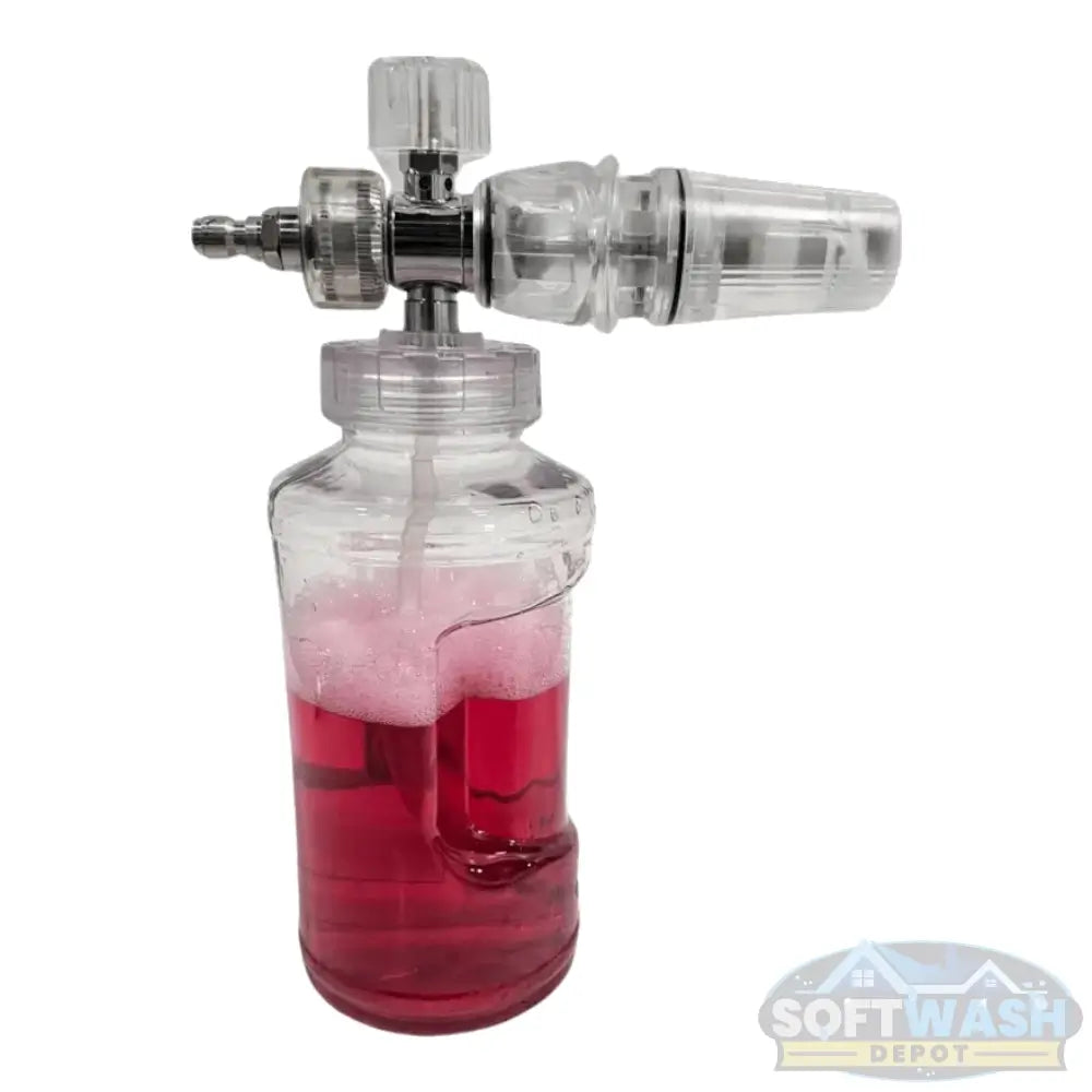Dirt Vanish Clear Foam Cannon with clear chemical bottle, brass fittings, and quick-connect pressure washer attachment for vehicles, siding, driveways, roofs, and exterior cleaning. - Soft Wash Depot