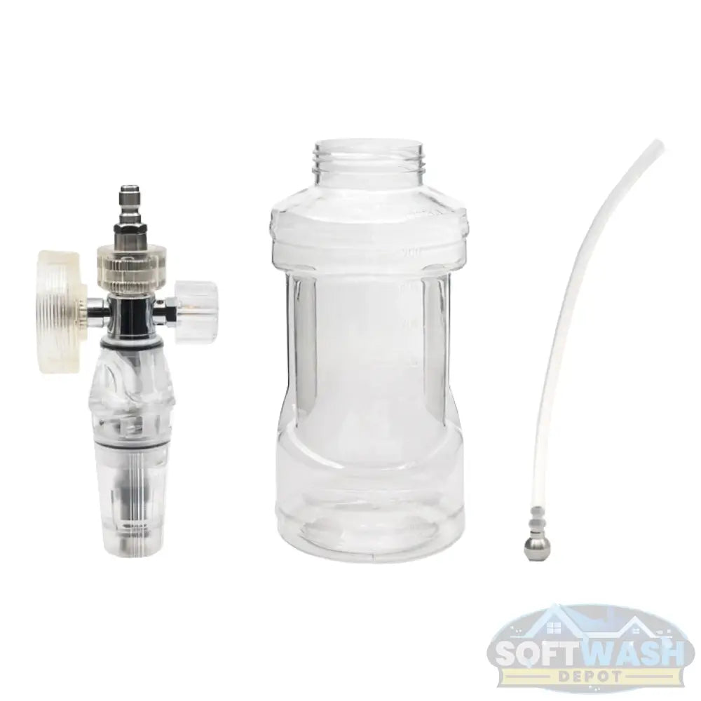 Dirt Vanish Clear Foam Cannon with clear chemical bottle, brass fittings, and quick-connect pressure washer attachment for vehicles, siding, driveways, roofs, and exterior cleaning. - Soft Wash Depot