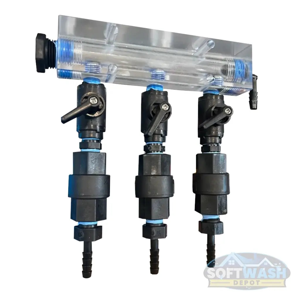 Clear downstream injector manifold block with 2-port or 3-port configuration, transparent chemical injection manifold for pressure washing and soft wash systems. - Soft Wash Depot