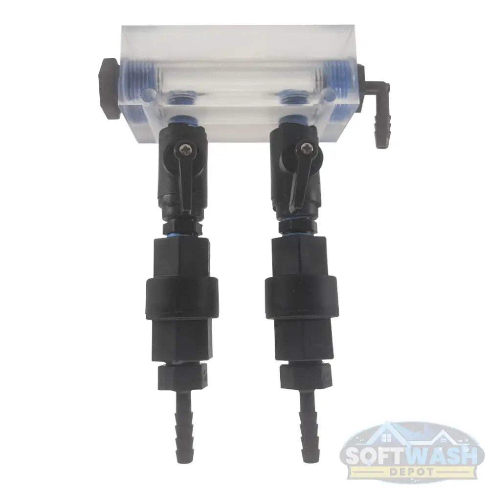 Clear downstream injector manifold block with 2-port or 3-port configuration, transparent chemical injection manifold for pressure washing and soft wash systems. - Soft Wash Depot