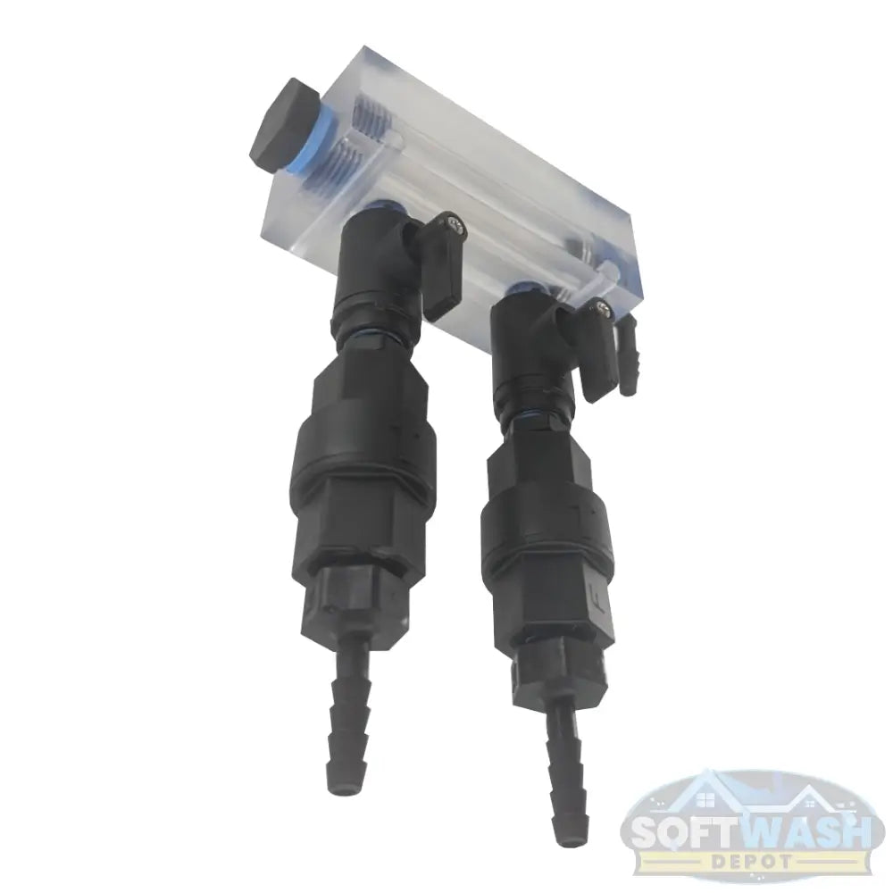 Clear downstream injector manifold block with 2-port or 3-port configuration, transparent chemical injection manifold for pressure washing and soft wash systems. - Soft Wash Depot