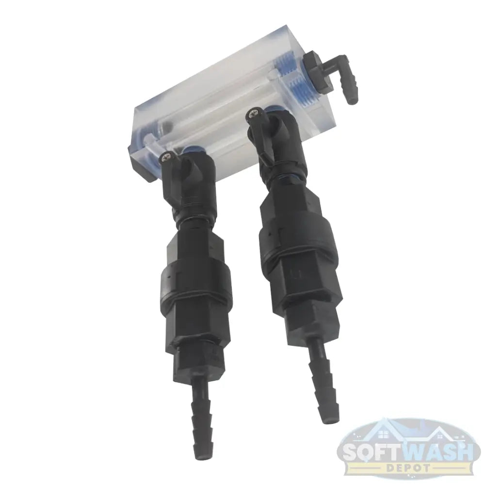 Clear downstream injector manifold block with 2-port or 3-port configuration, transparent chemical injection manifold for pressure washing and soft wash systems. - Soft Wash Depot