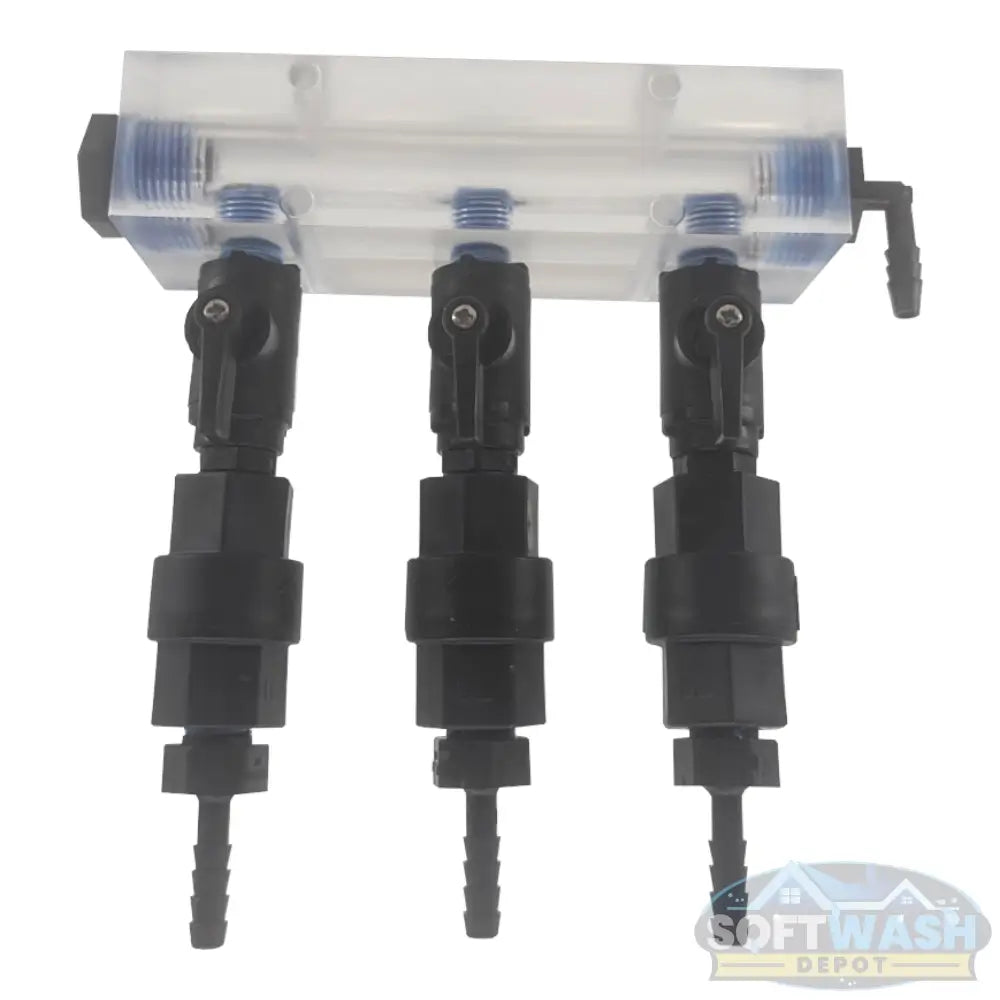 Clear downstream injector manifold block with 2-port or 3-port configuration, transparent chemical injection manifold for pressure washing and soft wash systems. - Soft Wash Depot