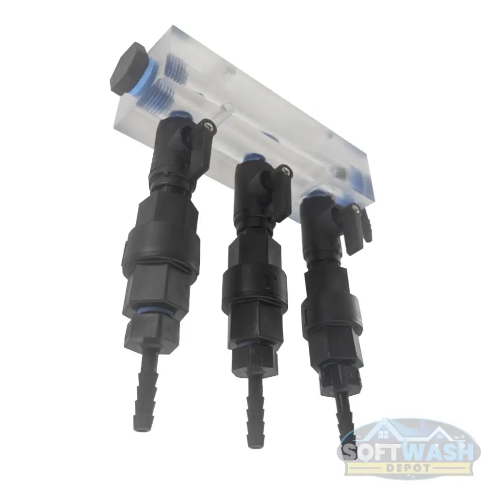 Clear downstream injector manifold block with 2-port or 3-port configuration, transparent chemical injection manifold for pressure washing and soft wash systems. - Soft Wash Depot