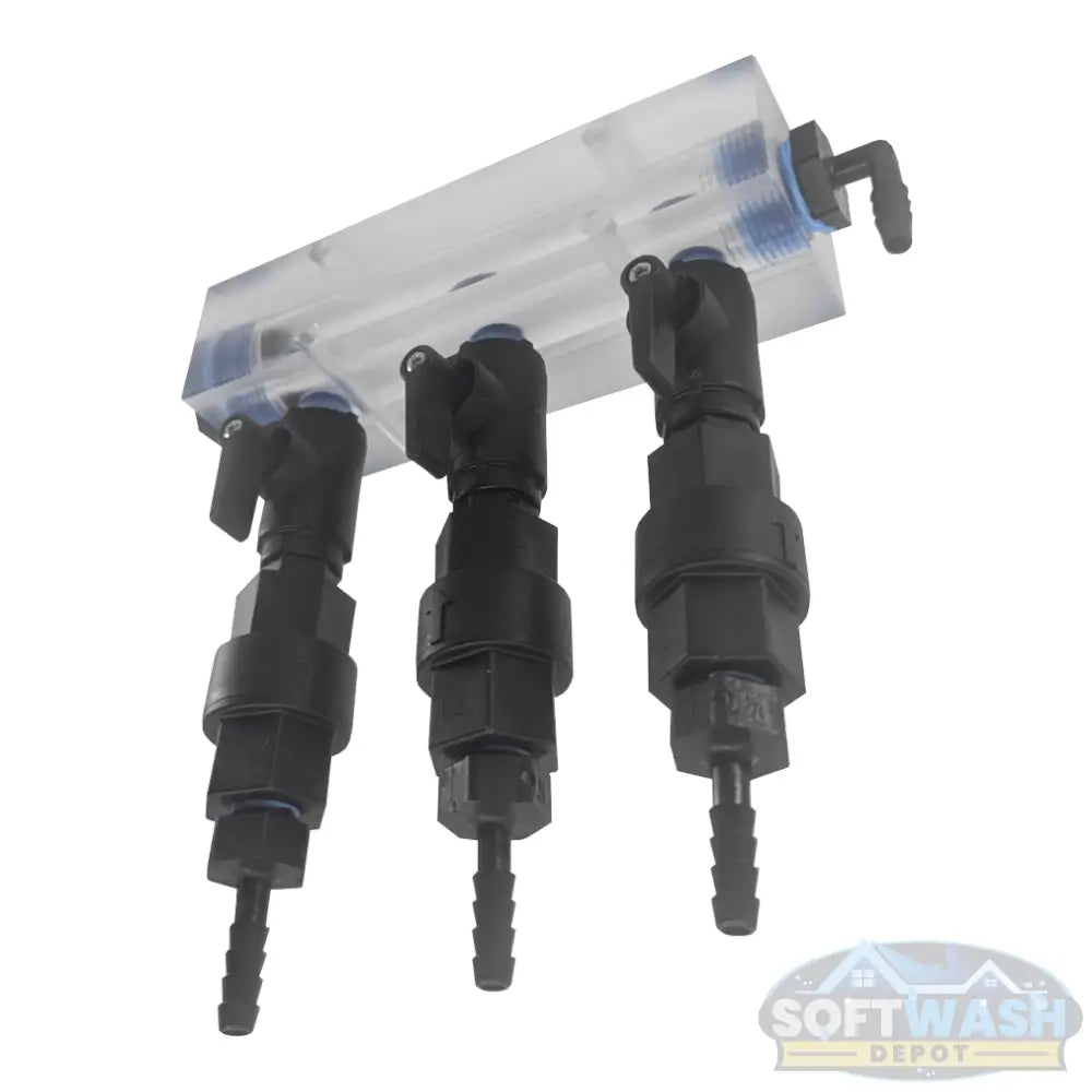 Clear downstream injector manifold block with 2-port or 3-port configuration, transparent chemical injection manifold for pressure washing and soft wash systems. - Soft Wash Depot