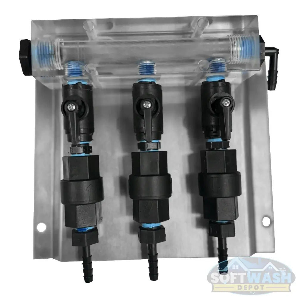 Clear downstream injector manifold block with 2-port or 3-port configuration, transparent chemical injection manifold for pressure washing and soft wash systems. - Soft Wash Depot