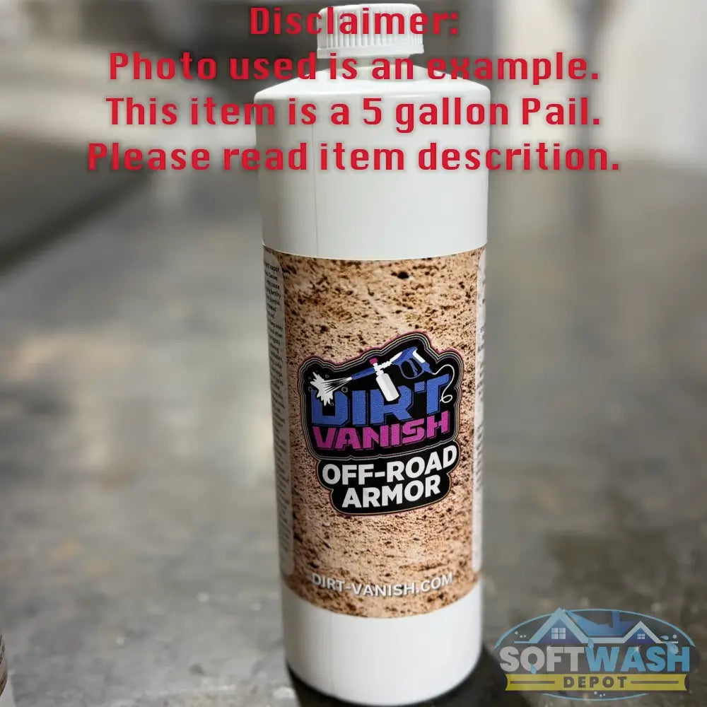 Dirt Vanish Off-Road Armor 5-gallon pail providing shine and protective coating for off-road vehicles and heavy equipment. - Soft Wash Depot