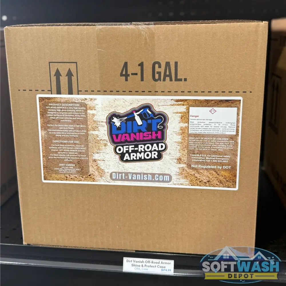 Dirt Vanish Off-Road Armor case of four 1-gallon jugs providing shine and protective coating for off-road vehicles and heavy equipment. - Soft Wash Depot
