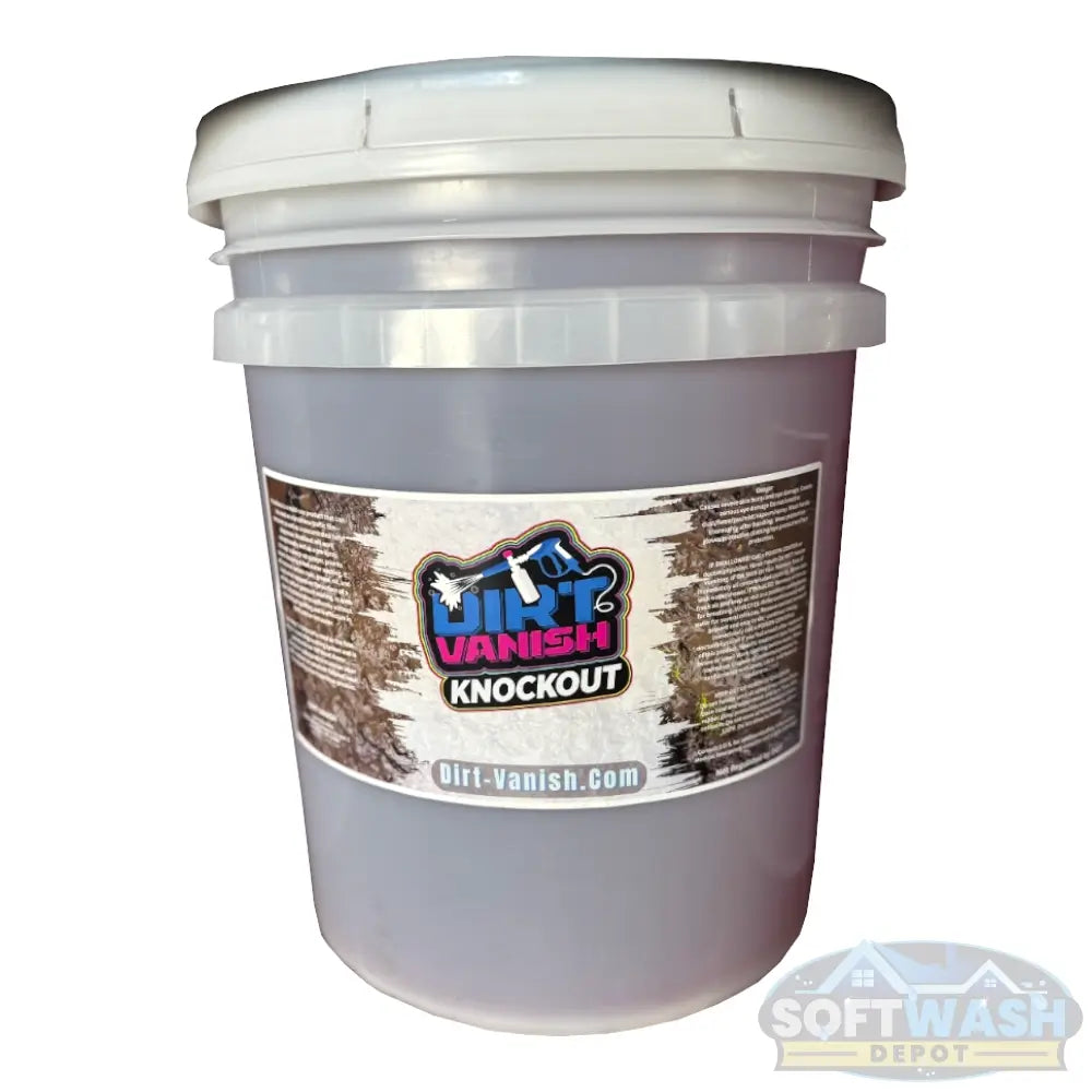 Dirt Vanish Knockout High-Foaming Off-Road Cleaner 5 Gallon Pail - heavy-duty red liquid cleaner for mud, dirt, and grime removal on trucks, ATVs, and off-road vehicles - Dirt-Vanish.com label, Soft Wash Depot product photo.