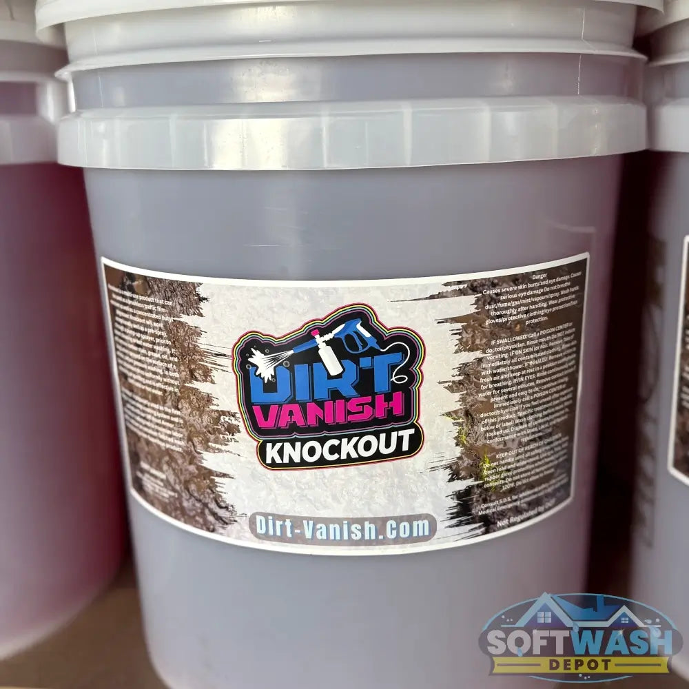 Dirt Vanish Knockout High-Foaming Off-Road Cleaner 5 Gallon Pail - heavy-duty red liquid cleaner for mud, dirt, and grime removal on trucks, ATVs, and off-road vehicles - Dirt-Vanish.com label, Soft Wash Depot product photo.