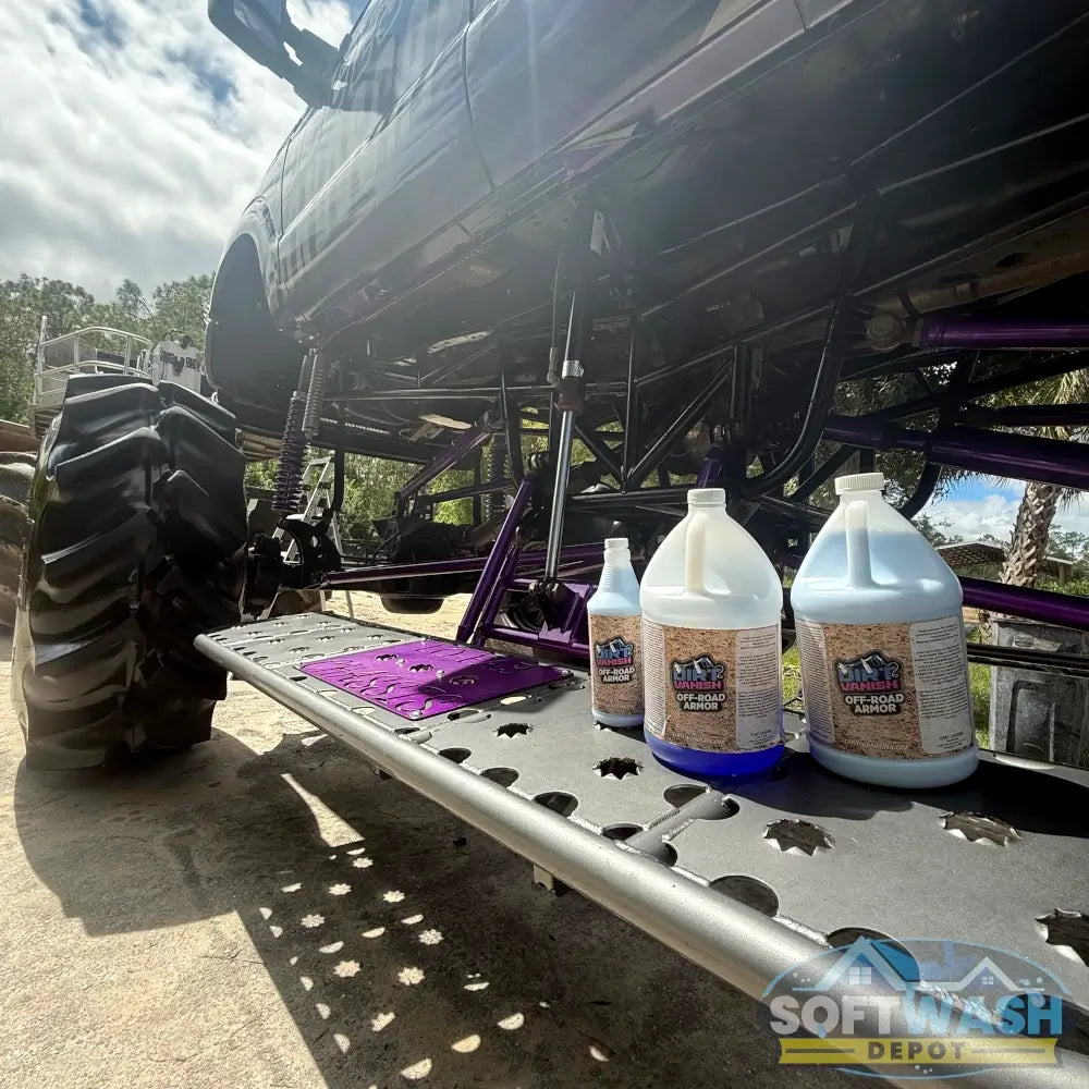 Dirt Vanish Knockout High-Foaming Off-Road Cleaner Case - four 1-gallon bottles of red liquid cleaner for trucks, ATVs, and off-road vehicles - Dirt-Vanish.com label, available at Soft Wash Depot.