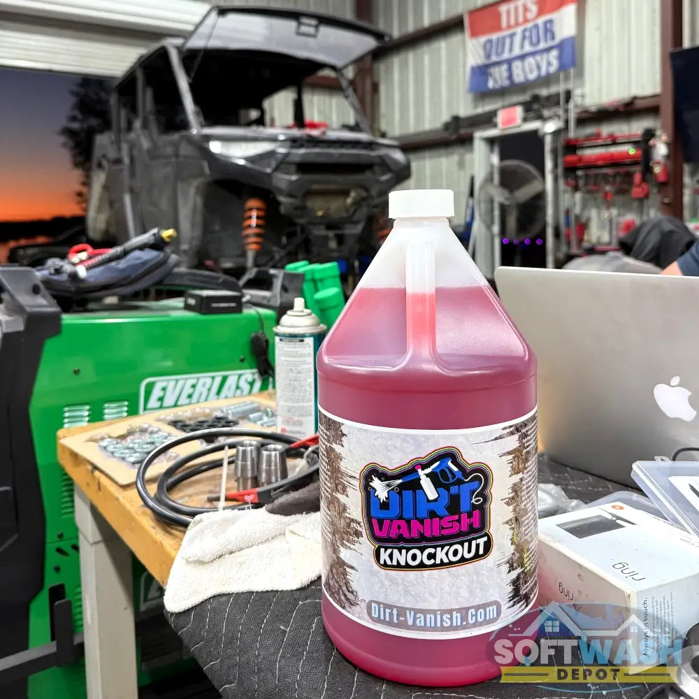 Dirt Vanish Knockout High-Foaming Off-Road Cleaner 1 Gallon Bottle - powerful red liquid soap for cleaning mud and grime from trucks, ATVs, and off-road vehicles - Dirt-Vanish.com label - available at Soft Wash Depot.