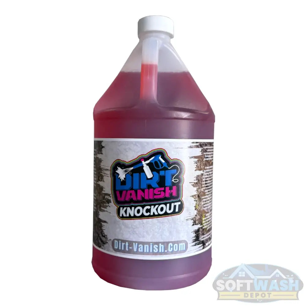 Dirt Vanish Knockout High-Foaming Off-Road Cleaner 1 Gallon Bottle - powerful red liquid soap for cleaning mud and grime from trucks, ATVs, and off-road vehicles - Dirt-Vanish.com label - available at Soft Wash Depot.