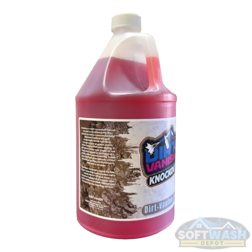 Dirt Vanish Knockout High-Foaming Off-Road Cleaner 1 Gallon Bottle - powerful red liquid soap for cleaning mud and grime from trucks, ATVs, and off-road vehicles - Dirt-Vanish.com label - available at Soft Wash Depot.