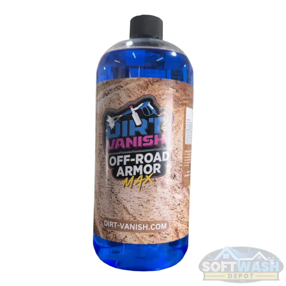 Dirt Vanish Off-Road Armor MAX 32oz bottle with blue liquid and rugged sand-themed label - Shine and protection spray for off-road equipment. - Soft Wash Depot