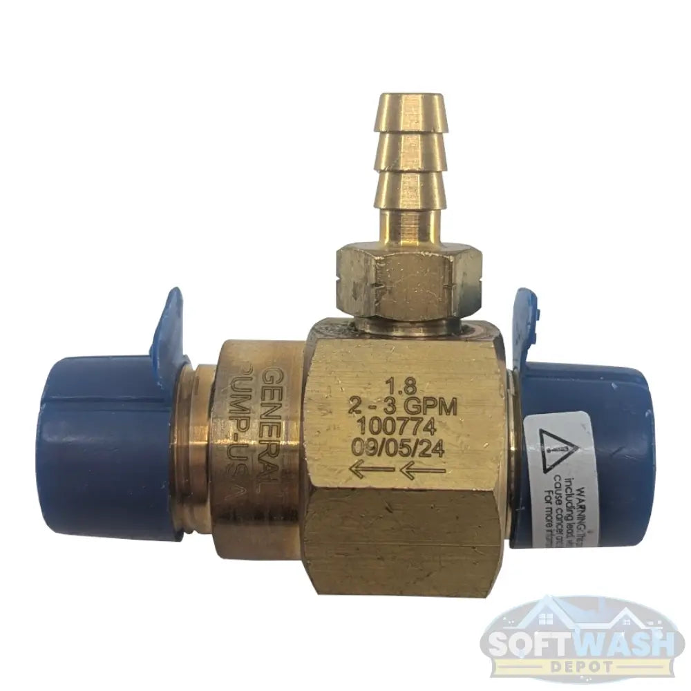 High-draw downstream chemical injector with brass body and barb fitting for pressure washers, designed for 20% chemical draw. - Soft Wash Depot