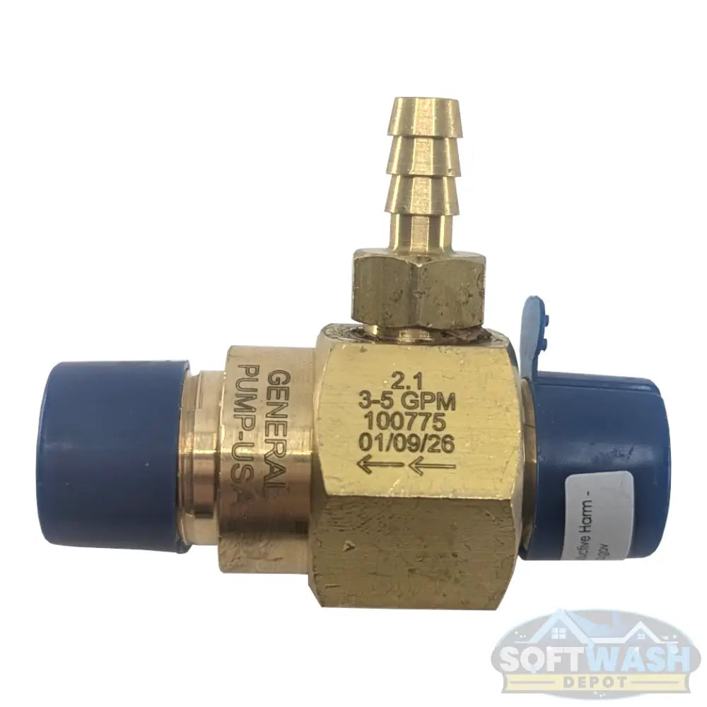 High-draw downstream chemical injector with brass body and barb fitting for pressure washers, designed for 20% chemical draw. - Soft Wash Depot