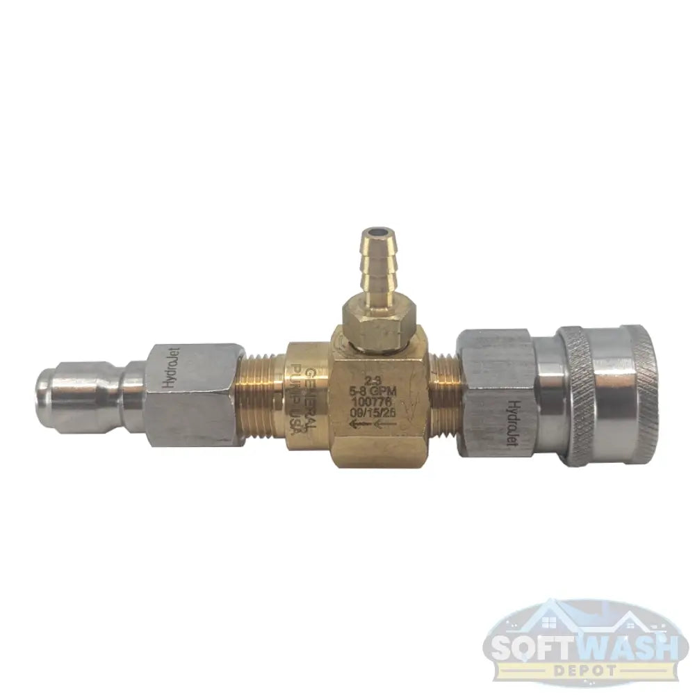 High draw 20% downstream chemical injector by General Pump with stainless quick connects. - Soft Wash Depot