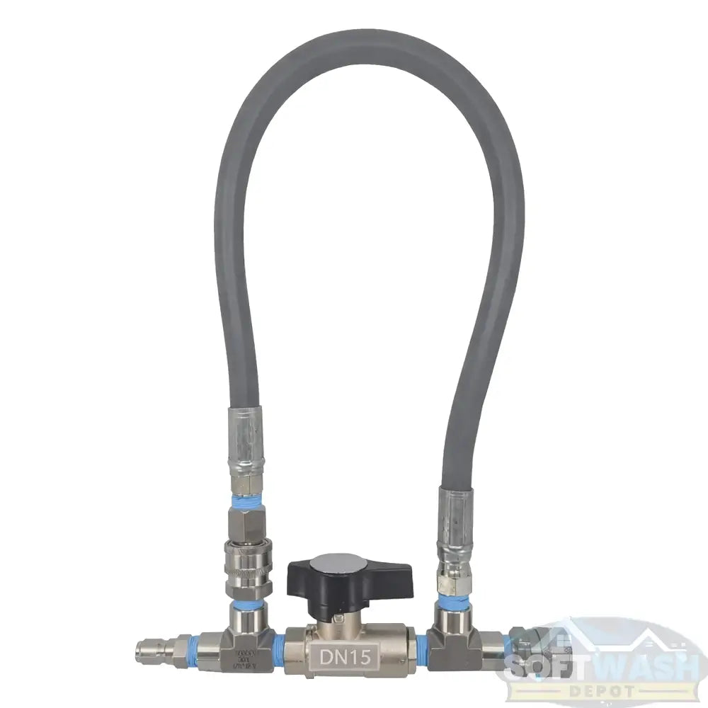 Downstream injector bypass kit 1/2 inch with DN-15 stainless steel ball valve, General Pump injector for 8+ GPM systems, stainless quick connects, and Rampage 2-wire hose for pressure washing and soft wash setups. - Soft Wash Depot
