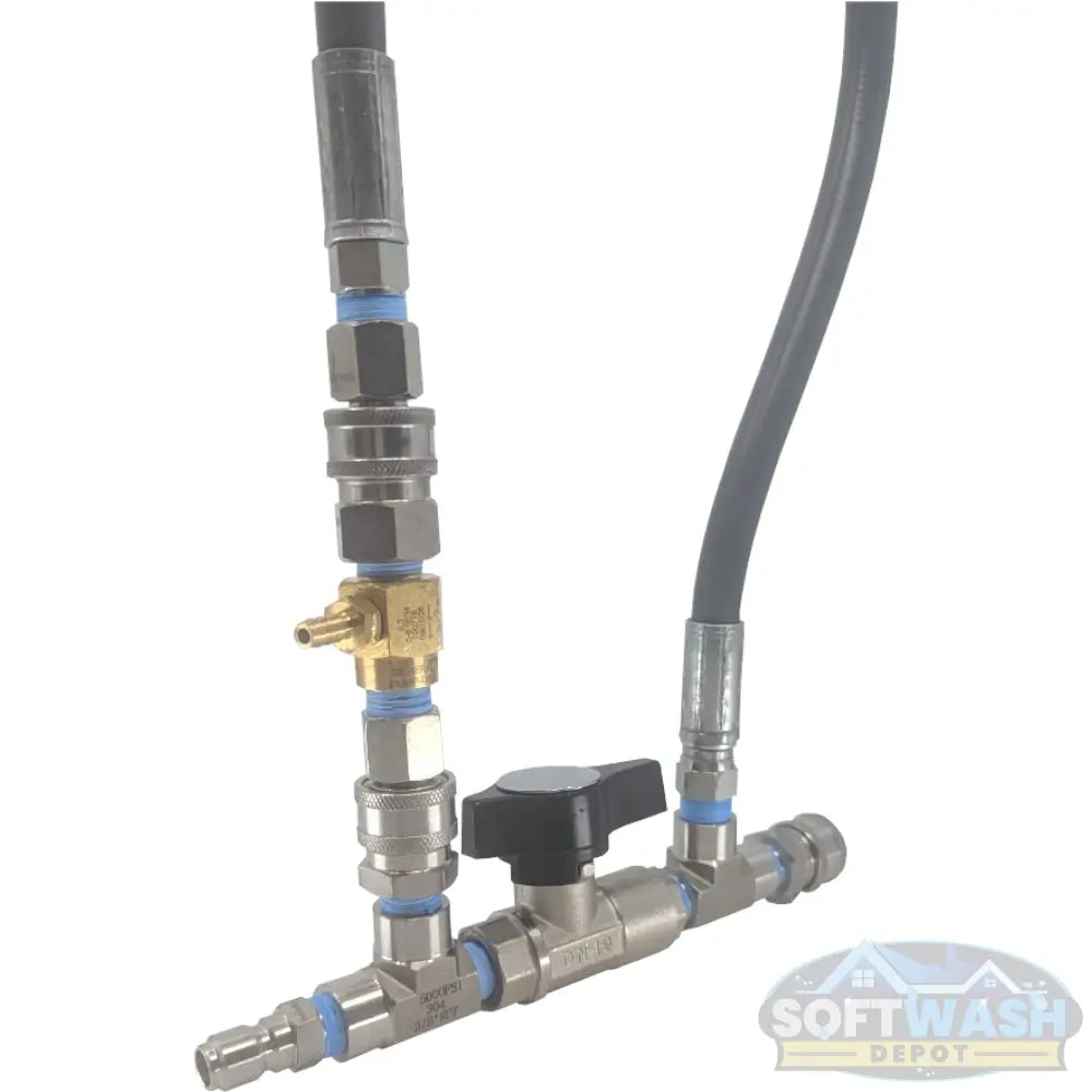Downstream injector bypass kit 3/8 inch with DN-10 stainless ball valve, General Pump injector, quick connects, and chemical control hose for pressure washing and soft wash systems. - Soft Wash Depot