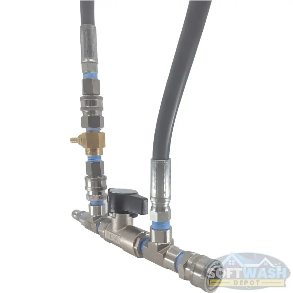 Downstream injector bypass kit 3/8 inch with DN-10 stainless ball valve, General Pump injector, quick connects, and chemical control hose for pressure washing and soft wash systems. - Soft Wash Depot
