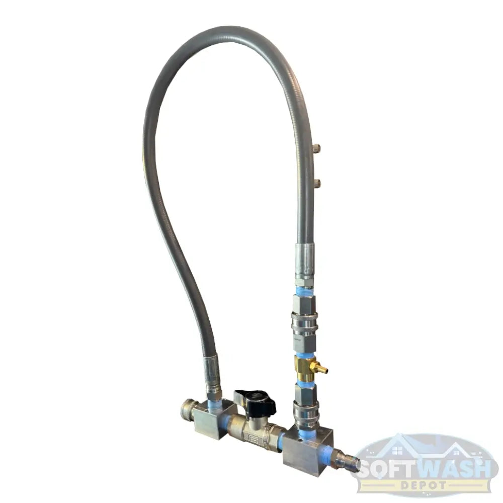 Downstream injector bypass kit with DN-15 1/2 inch stainless ball valve, Rampage hose, aluminum blocks, and General Pump injector for professional pressure washing systems. - Soft Wash Depot