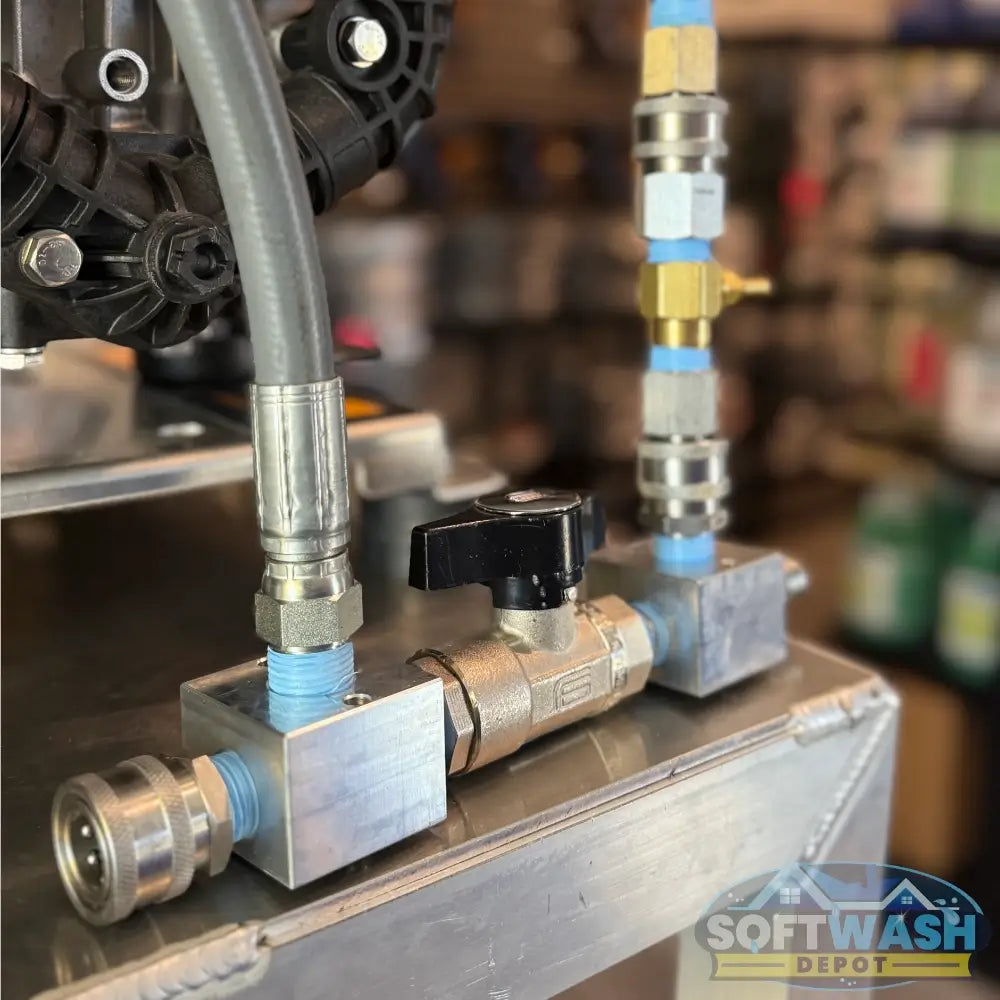 Downstream injector bypass kit with DN-15 1/2 inch stainless ball valve, Rampage hose, aluminum blocks, and General Pump injector for professional pressure washing systems. - Soft Wash Depot
