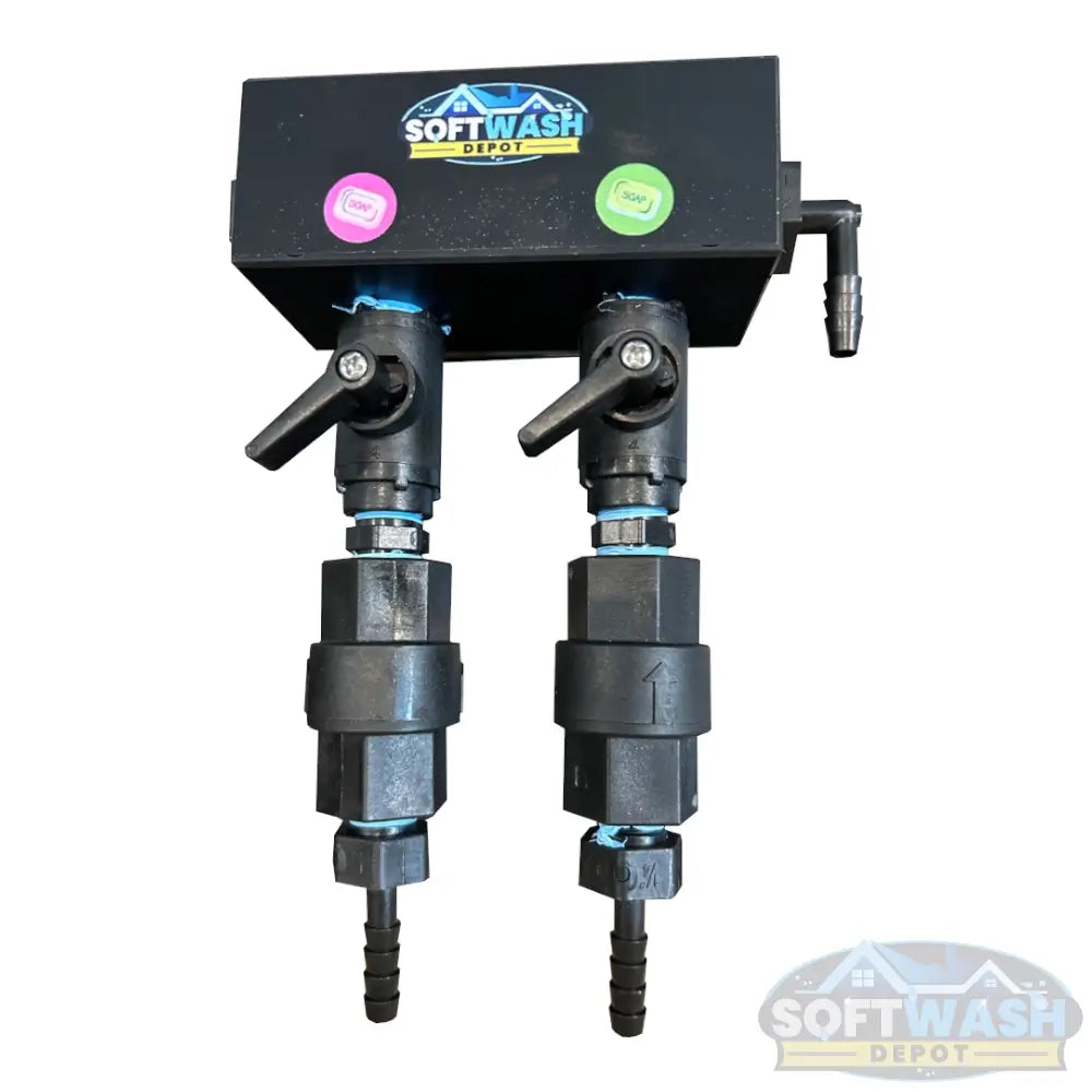 Black downstream injector manifold block available in 2-port and 3-port configurations, featuring chemical-resistant valves and barbed fittings for quick soft wash solution switching. - Soft Wash Depot