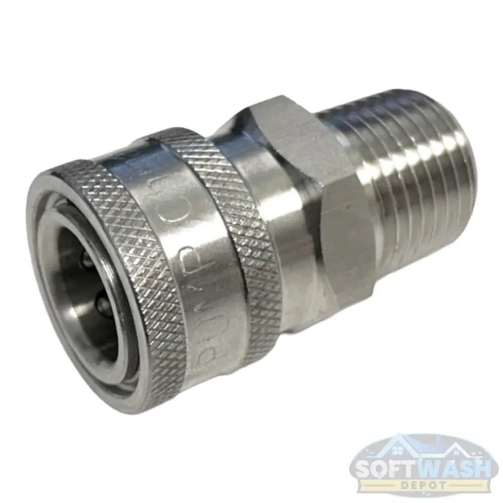 General Pump stainless steel 3/8 inch quick connect socket fitting with 1/2 inch MNPT threads for pressure washing equipment. - Soft Wash Depot