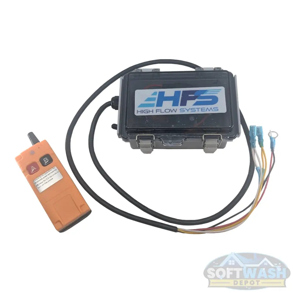 HFS Remote Engine Start/Stop Module with waterproof control box, wireless handheld remote, and color-coded wiring harness for electric-start pressure washer or soft wash engines. - Soft Wash Depot