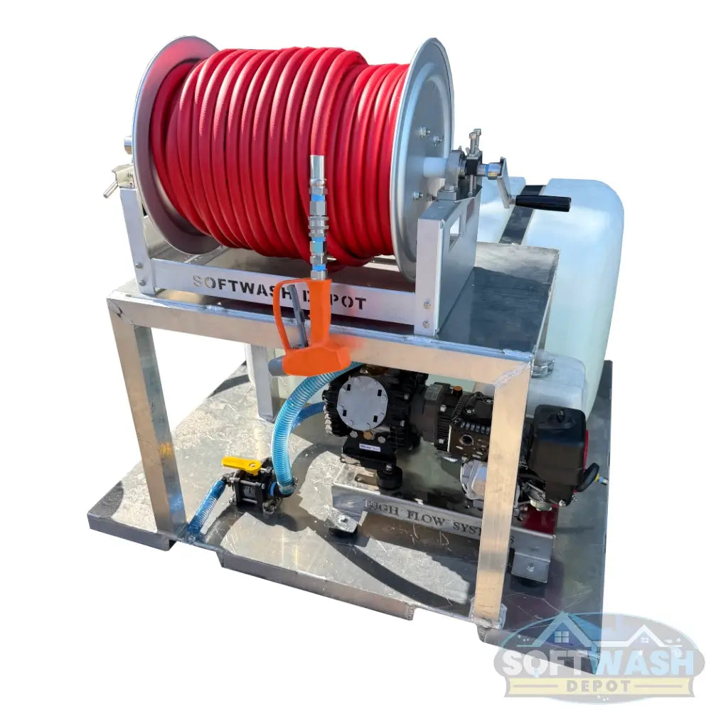 Honda AR45 complete gas-powered soft wash system with 100-gallon tank, hose reel, Rampage hose, and soft wash spray gun. - Soft Wash Depot